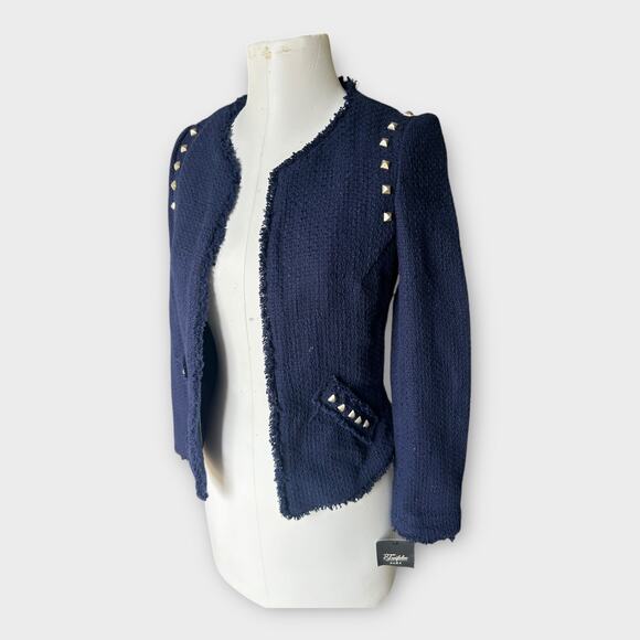 Zara X Trafuluc Navy Blue Studded Tweed Cropped Blazer Women's Size Large NWT - Picture 1 of 9